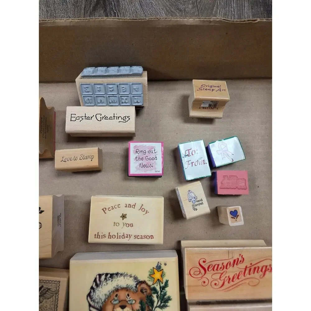 Christmas Holidays Mixed Wood Block Rubber Ink Stamps Mixed Lot + Extras